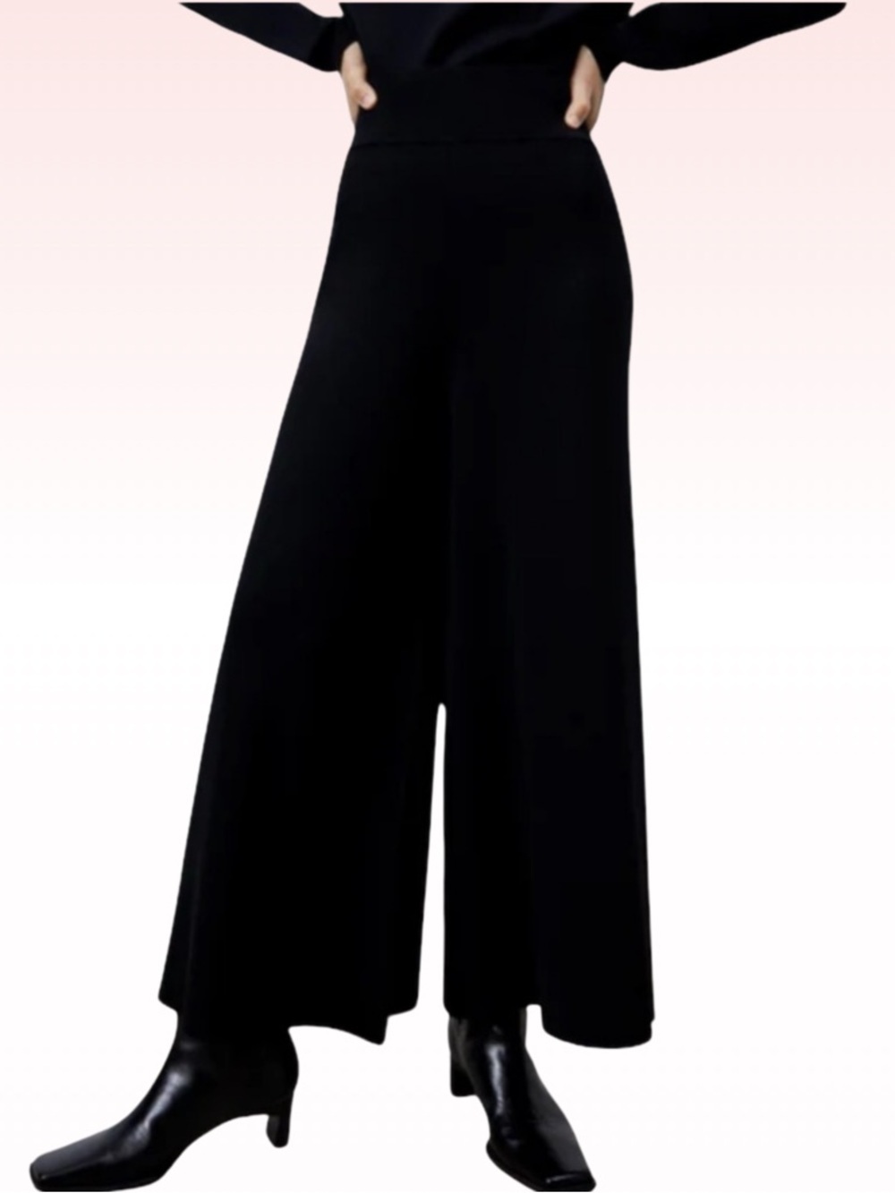 ADOLFO DOMINGUEZ Black Ribbed Wide Leg Palazzo Ankle Pants (Sz 36)